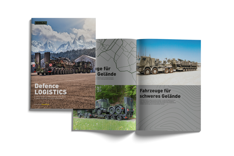 Broschüre für Defence Logistics mit militärischen Schwerlasttransportern und Geländefahrzeugen auf Straßen und im Gelände.