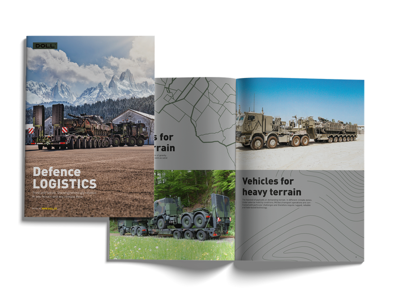 Brochure for defense logistics with military heavy-duty transporters and off-road vehicles on roads and in terrain.